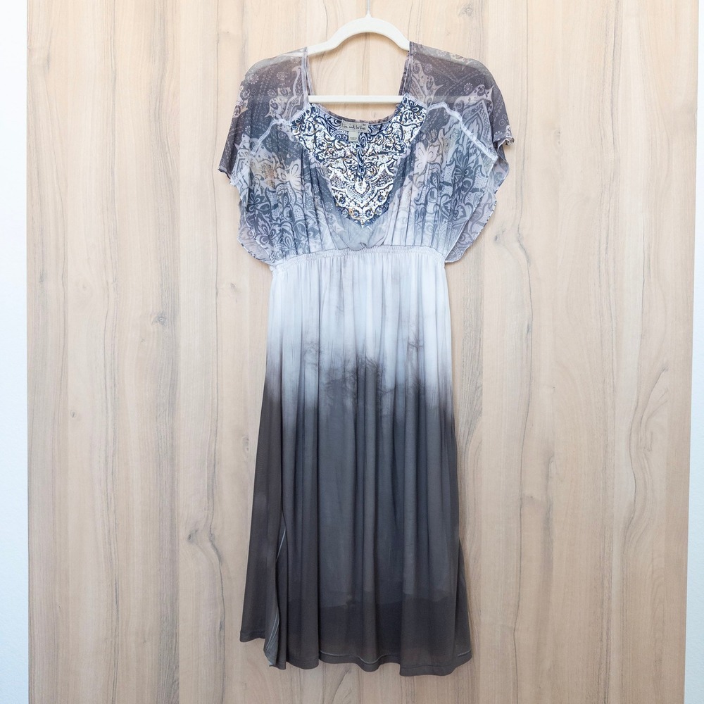 Y2K Live and Let Live Womens Dress‎ Size M Gray Ombre Beaded Boho Fairy Grunge